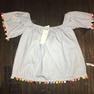 Off the shoulder denim Pom Pom shirt